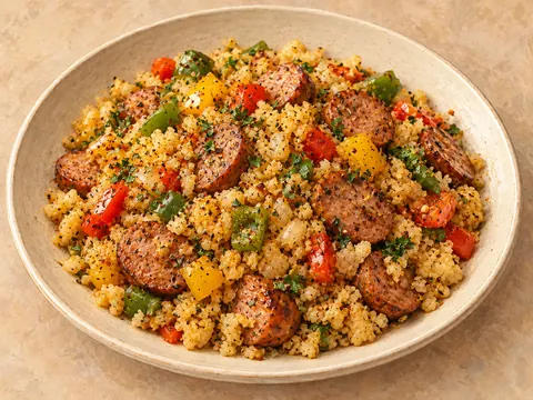 Illustration of sausage and cauliflower fried rice with red, yellow and green bell peppers.