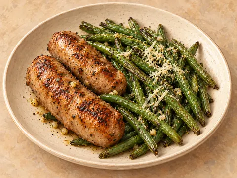 Illustration of roasted Italian sausage links and garlic-butter green beans with parmesan.