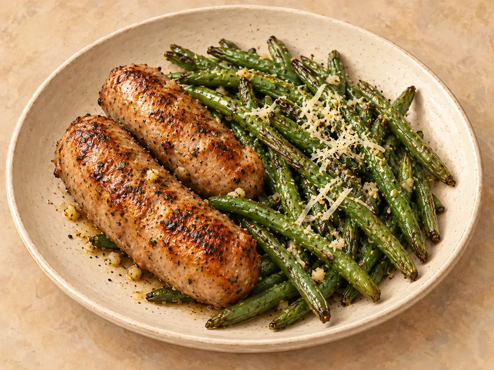 Illustration of roasted Italian sausage links and garlic-butter green beans with parmesan.