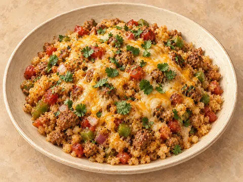 Illustration of italian sausage and cauliflower rice with taco seasoning and melted cheese.