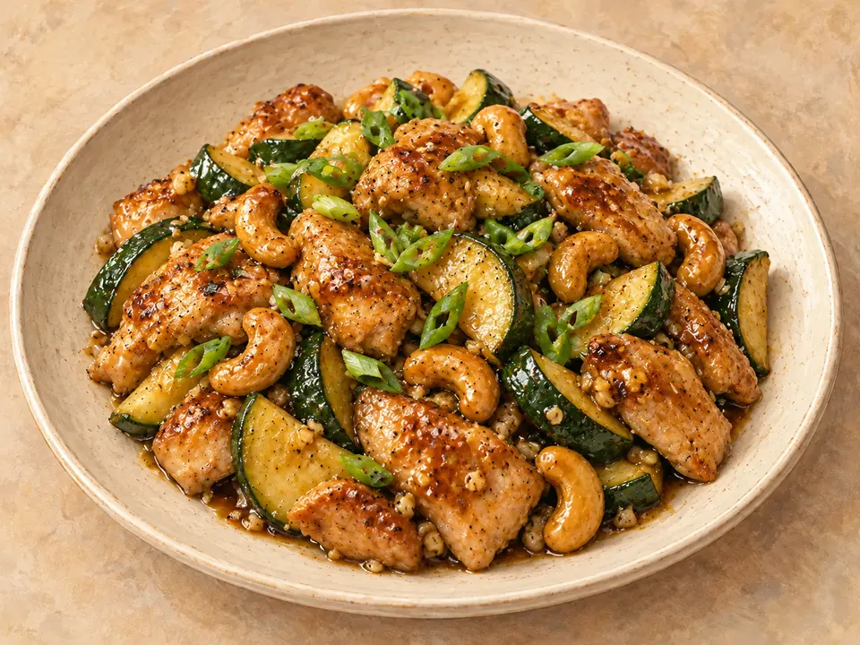Illustration of sesame chicken and zucchini stir-fry with cashews and green onions.