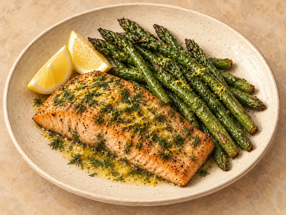 Illustration of baked salmon and asparagus drizzled with lemon-dill butter.