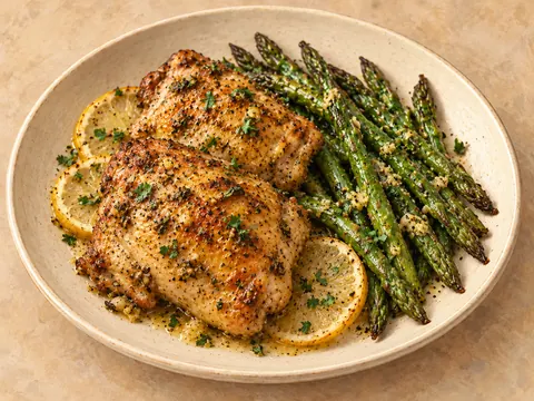 Illustration of roasted garlic-butter chicken thighs with asparagus.
