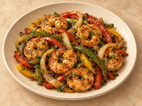 Illustration of roasted shrimp fajitas with colorful bell peppers and onion.