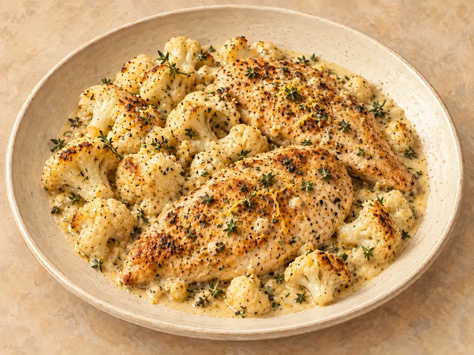 Illustration of seared lemon chicken with cauliflower in a creamy thyme sauce.