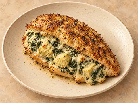 Illustration of chicken breasts stuffed with spinach, artichokes and cheese.