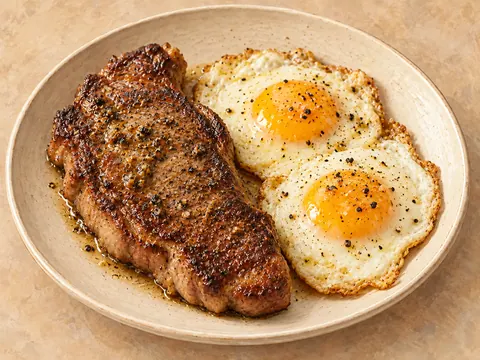 Illustration of seared steak with butter-fried eggs.