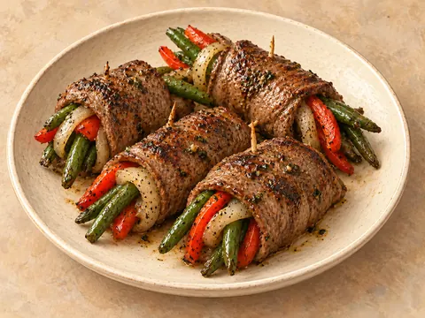 Illustration of steak rolls wrapped around bell pepper, green beans and onion.
