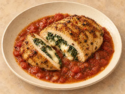 Illustration of chicken breasts stuffed with mozzarella and spinach in tomato sauce.