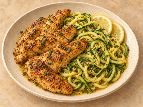 Illustration of taco-seasoned chicken tenders with lemon-butter zucchini noodles.