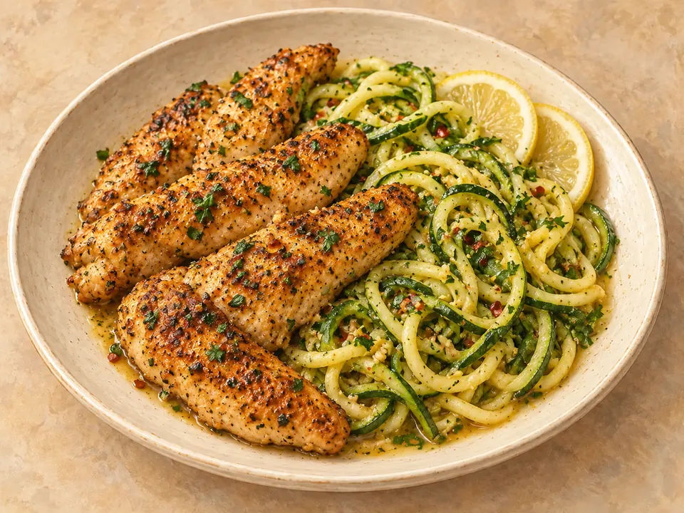 Illustration of taco-seasoned chicken tenders with lemon-butter zucchini noodles.