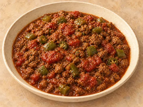 Illustration of ground beef chili with tomatoes, bell pepper and jalapeño.