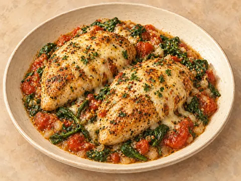 Illustration of chicken breasts with tomatoes and spinach under melted cheese.