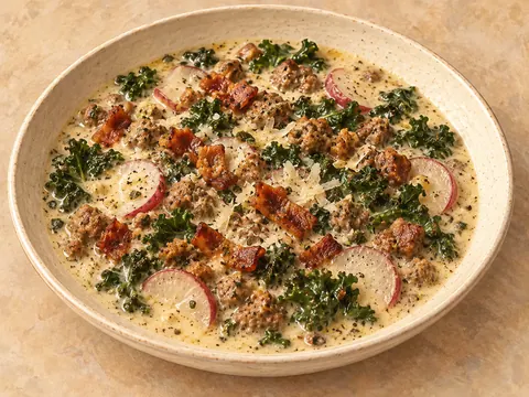 Illustration of creamy zuppa toscana with Italian sausage, bacon, radishes and kale.