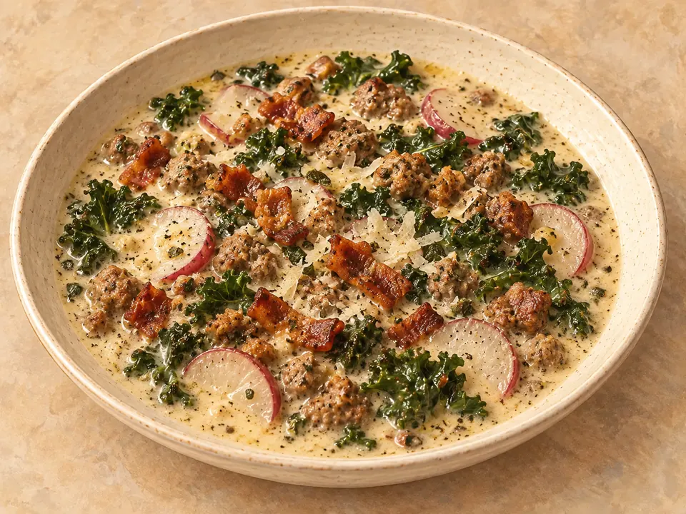 Illustration of creamy zuppa toscana with Italian sausage, bacon, radishes and kale.
