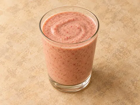 Illustration of a blended strawberry and avocado smoothie with Greek yogurt and flaxseed.