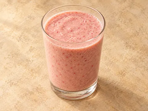 Illustration of a blended strawberry and banana smoothie with Greek yogurt.
