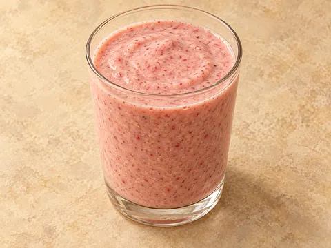 Illustration of a blended strawberry smoothie with Greek yogurt and hemp hearts.