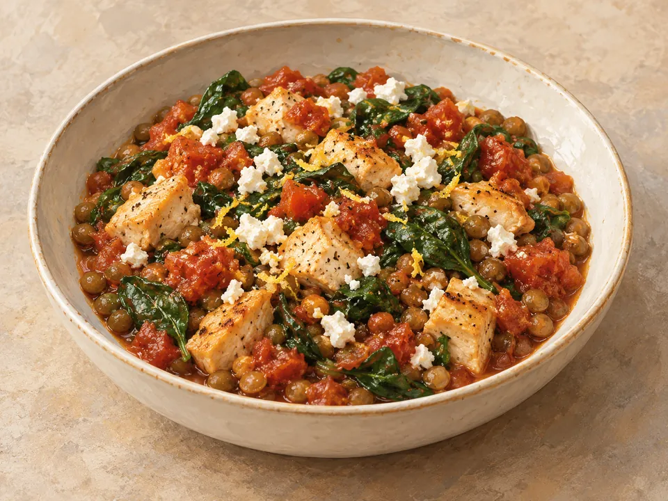 Illustration of a moist tomato, lentil and chicken bake with spinach and feta.